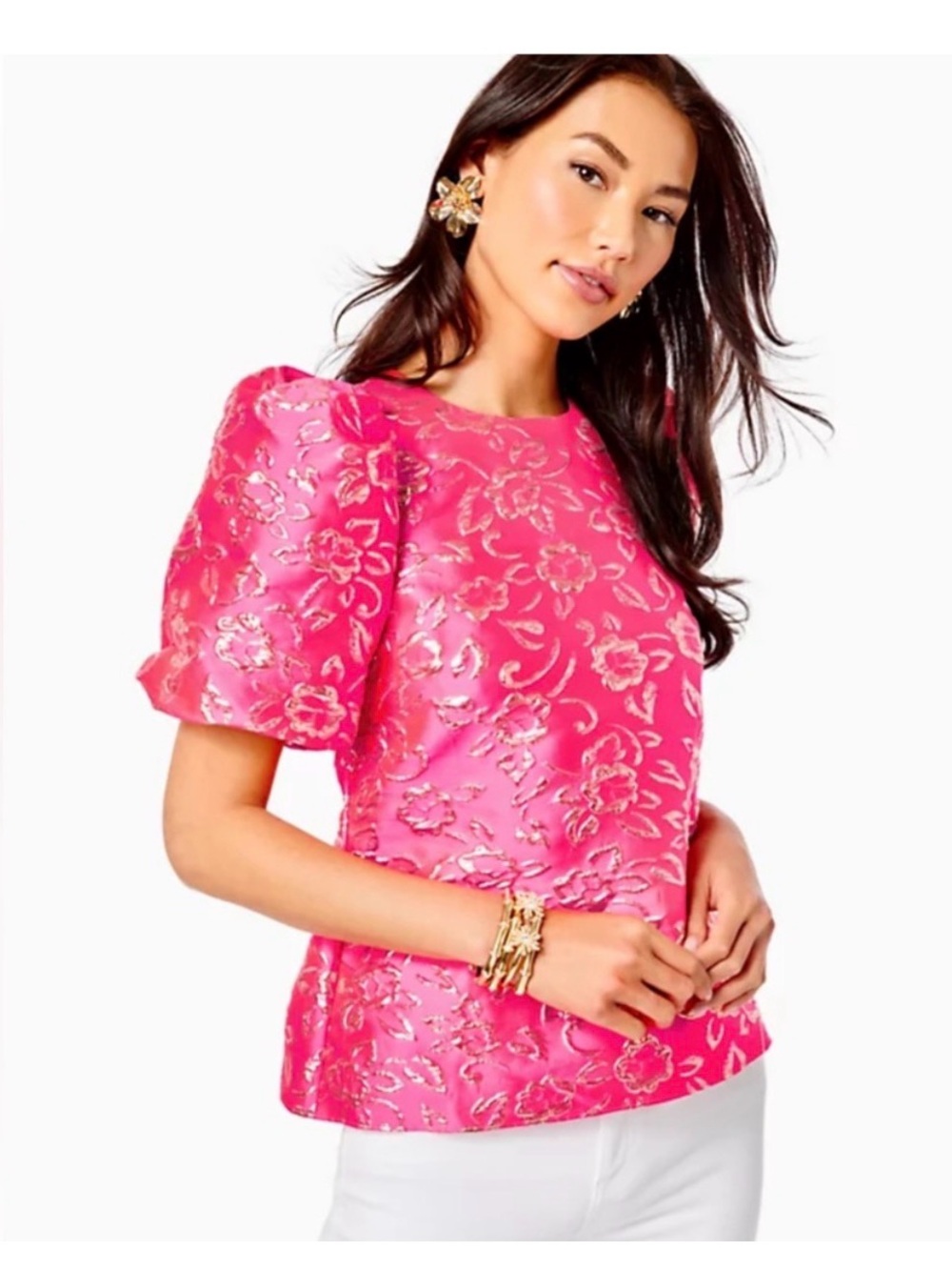 Lilly Pulitzer Hot Pink Metallic Floral Puff Sleeve Top
